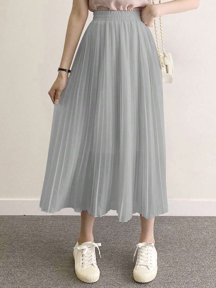 DAZY Women Elastic Waist Solid Color Ruched Loose Casual Long Skirt - Light Grey - View 1