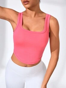 SHEIN Sports 女士 massugu 運動背心，純色緊身設計，寬肩帶，適合夏季 - 粉色 - 查看 3