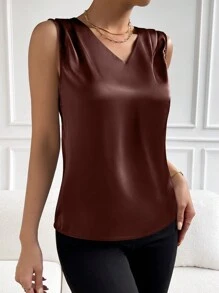 EMERY ROSE 女士純色簡約日常無袖襯衫 - 咖啡棕 - 查看 6