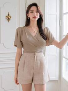 Wynsel 女士夏季純色包覆式短袖V領T恤 - 卡其色 - 查看 4