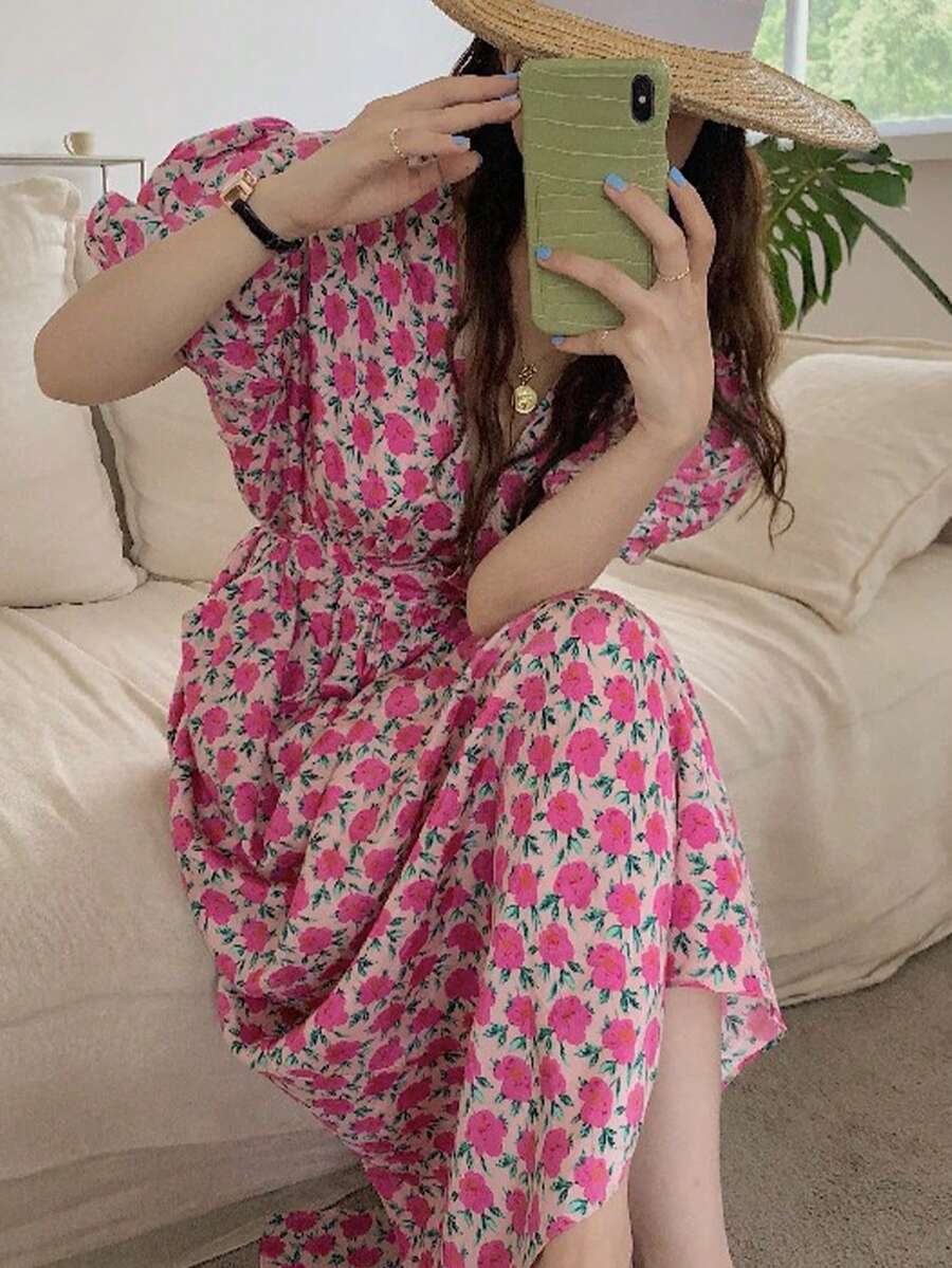 滿身花卉泡泡袖連衣裙 - 粉色 - 查看 1