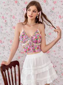 SHEIN Unity Women's Summer Ditsy Floral Tie Front Crop Top Camisole Graphic Tees Women Tops - Pink - View 4