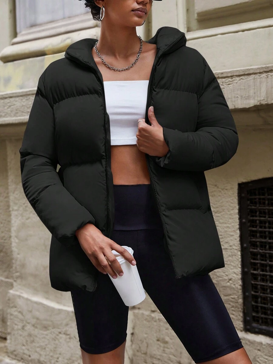 RueChic Zip Up Hooded Puffer Coat - Black - View 1