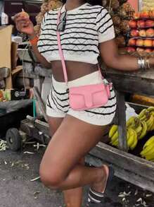 2pcs/Set Women's Summer Casual Contrast Striped Knit Short Sleeve Top And Shorts Set - White - View 1