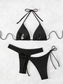 SHEIN Swim Damen einfarbiger Neckholder Sexy Bikini Set für den Sommer - Schwarz - Übersicht 2