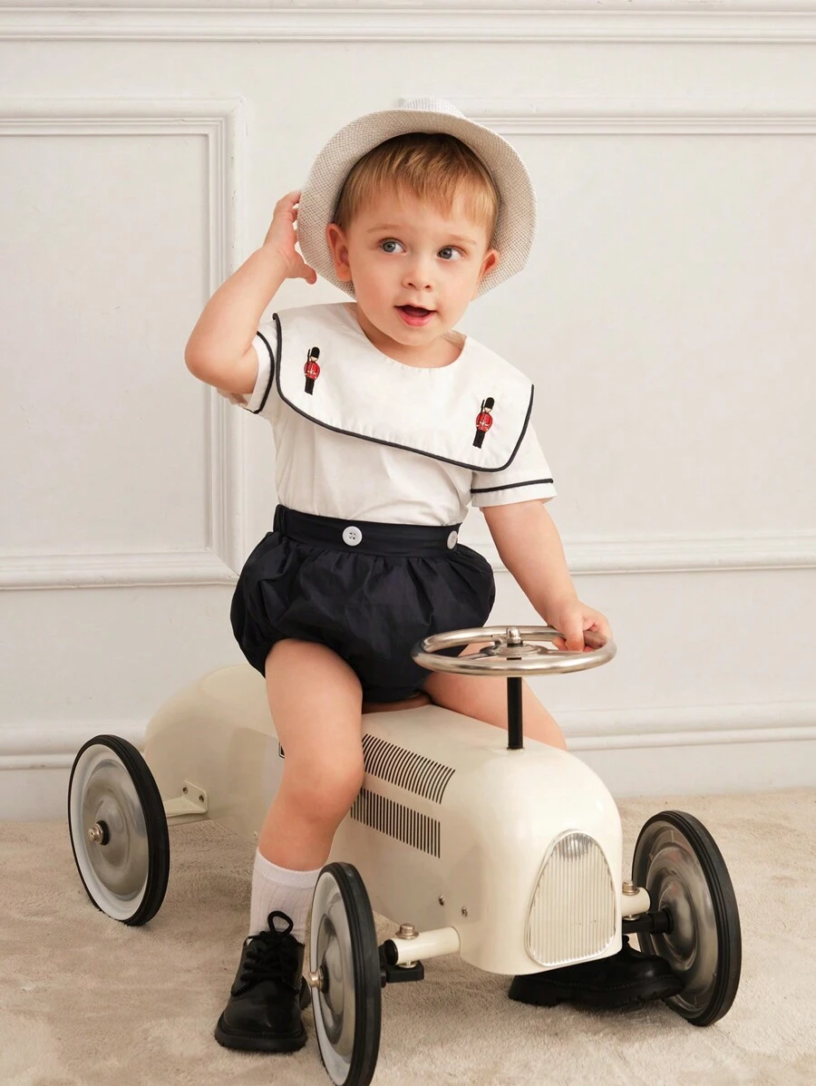 Souflis Souflis Baby Boys' 2pcs/Set Elegant French Retro Navy Collar Embroidery Printed Top & Shorts, Spring/Summer
