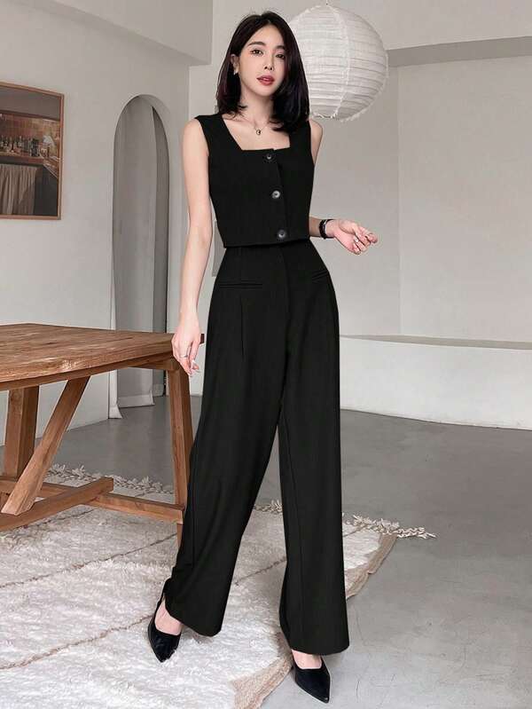 DAZY 2pcs Square Neck Suit Vest & High Waist Wide-Leg Pants Set Work Women Clothes