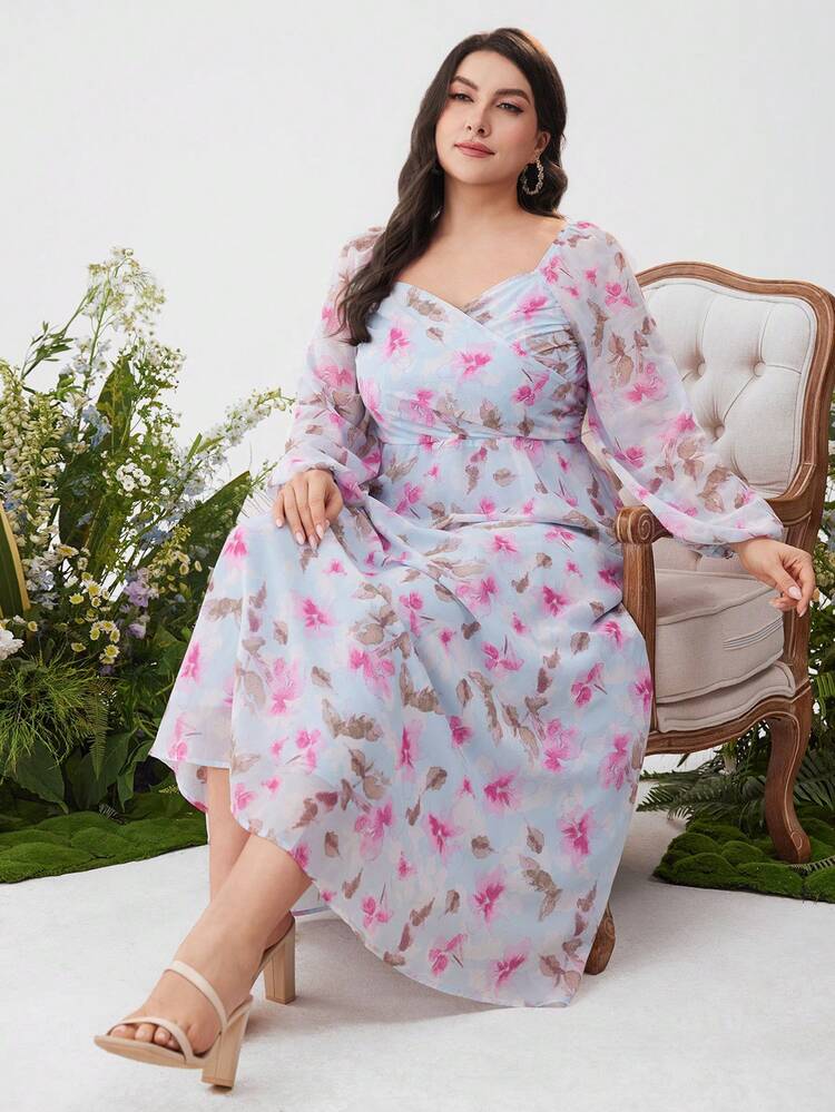 Plus Size Women Floral Print Simple Daily Dress