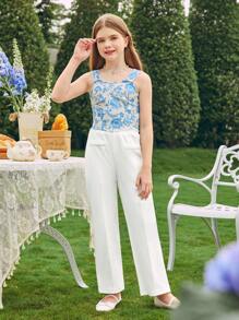 SHEIN Tween Girl Fashionable Simple And Sweet Printed Top Top And Solid Color Long Pants Set - Blue and White - View 5