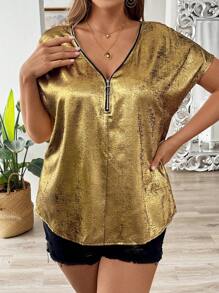 SHEIN LUNE Plus Size Women Summer Solid Color Metallic Zippered Batwing Short Sleeve Elegant Blouse - Gold - View 3