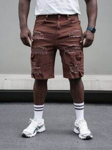 Manfinity Roghcode Quần short denim rách cỡ lớn dành cho nam có túi, dài đến đầu gối - màu nâu - Xem 7
