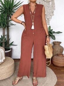 EMERY ROSE Bộ đồ liền thân không tay cổ khoét hở màu Boho cỡ lớn có đường viền cổ khoét và túi đôi cho trang phục ngày lễ và thường ngày, cho mùa hè - Màu Cam san hô - Xem 3