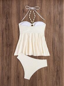Swim Lushoire Ladies' Summer Beach Solid Color Texture Tankini Set - Beige - View 5