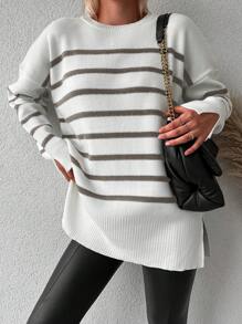 SHEIN Cottnline Women's Striped Drop Shoulder Loose Sweater - Brown - View 4