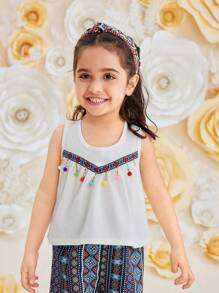 SHEIN Girls'  Summer Vacation Set: Embroidered Colorful Tassel Top + Printed Straight Pants With Crossbody Bag - Blue - View 4