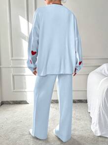 EURMUSE Women's Heart Pattern Drop Shoulder Sweater 2pcs/Set - Baby Blue - View 2