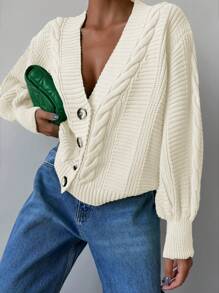 EURMUSE Solid Drop Shoulder Cable Knit Cardigan - Beige - View 3