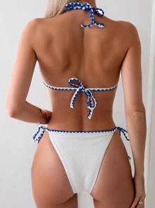 SHEIN Swim مجموعة بكيني بلون مقسّم بحزام خلفي شرابي وأعلى + قاع بكيني مربوط عند الخصر مجموعة بكيني قطعتين للمسبح والشاطئ ، شاطئ الصيف