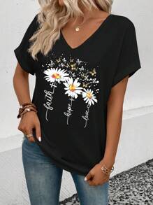 INAWLY 女士V領露肩短袖T恤，捲邊袖口，油畫花卉圖案印花 - 藍色 - 查看 4