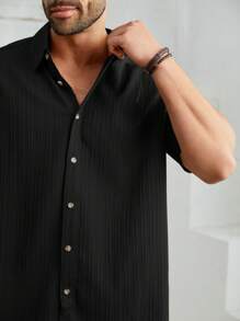 EASEVO 男士大碼編織休閒短袖襯衫 - 黑色 - 查看 4