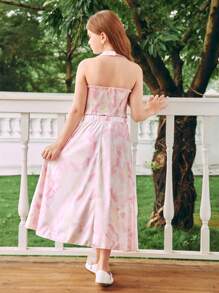 Tween Girls Allover Print Halter Top And Skirt Set For Summer