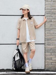 SHEIN Tween Boy Letter Patched Detail Shirt & Shorts Without Tee - Khaki - View 3