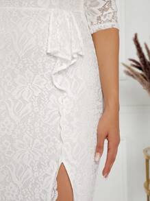 SHEIN Lady Vestido curto de verão feminino justo ao corpo com Patchwork de renda branca, vestido de casamento curto para formatura ou trajes de concertos de país - Branco - Visão 7