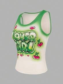 INAWLY Women's Y2K Summer Slim Fit Top With Heart, Cherry And Letters Print - Green - View 6