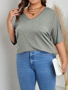 SHEIN LUNE T-shirt décontracté grande taille pour femmes d'été unicolore en couleur avec poche à col en V et manches courtes