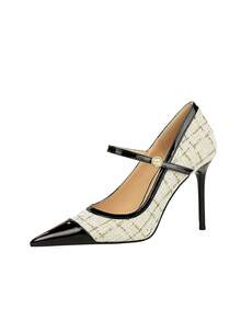 Women High Heel Shoes Pointed Toe Two-Tone Strap Pumps - White - View 5