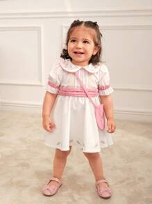 SHEIN Baby Girl Summer Sweet Color Block Embroidered Puff Sleeve Dress With Bag 2pcs/Set