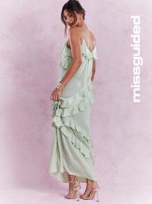 MISSGUIDED Boho Elegant Irish-Themed Satin Maxi Dress With Cascading Ruffles And Chain Straps Perfect , St. Patrick'S Day Celebration Evening Party Occasion - Green - View 2