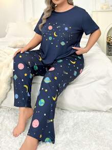 Conjunto de pijama de talla grande para mujer con estampado de planetas de dibujos animados - Azul - Ver 3
