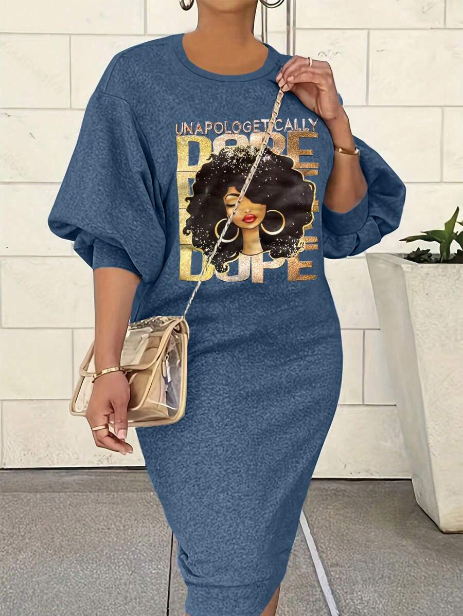 SHEIN LUNE Women's Simple Printed Round Neck Dress Maxi Women Outfit - Navy Blue - View 1