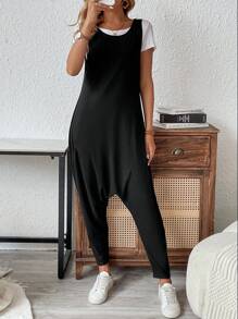 SHEIN أوفرول نسائي بلا أكمام واسع الساقين ولون سادة للصيف - الأسود - مشاهدة 7