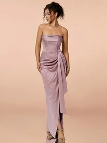 Pleated Slit High Thigh Satin Strapless Formal Dress - Lilac Purple - View 5