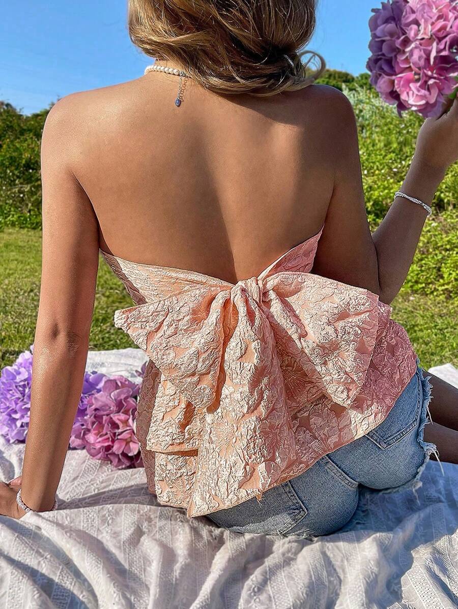 Chiquease Women's Floral Textured Ruffles Bandeau Top With Bowknot And Tie Back - Dusty Pink - View 1