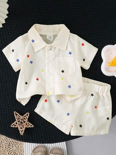 2pcs/Set Baby Boy Linen Blend Casual Star Pattern Tee And Shorts Set For Spring And Summer