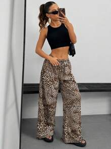 SHEIN EZwear Women's Simple Leopard Print Daily Long Pants - Brown - View 4