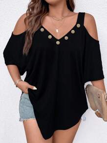 Plus Size Màu trơn Nút trang trí đơn giản Áo thun trễ vai - màu đen - Xem 3