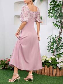 Modelyn 女式優雅短袖方領連身裙，花卉印花和褶皺胸部設計，夏季 - 藕粉色 - 查看 8