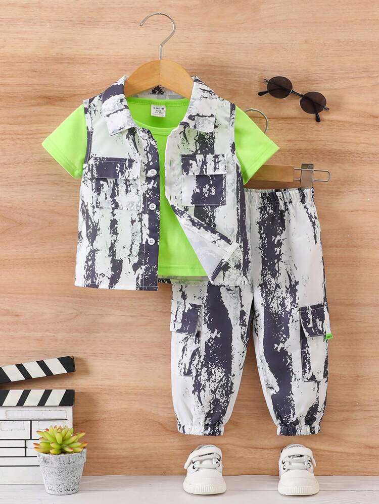 Baby Boy Ink Printed Vest, Cargo Pants Casual Outfit
