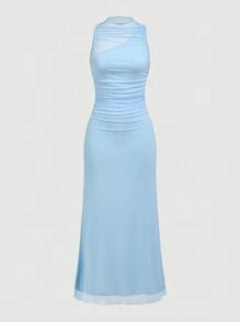 SHEIN Privé 女士优雅浪漫网眼拼布褶皱露肩长款宽松网眼腰部紧身修身连衣裙夏季连衣裙适合派对、音乐节、婚礼、约会季、返校节礼服、母亲节、毕业季 - 藍色 - 查看 1