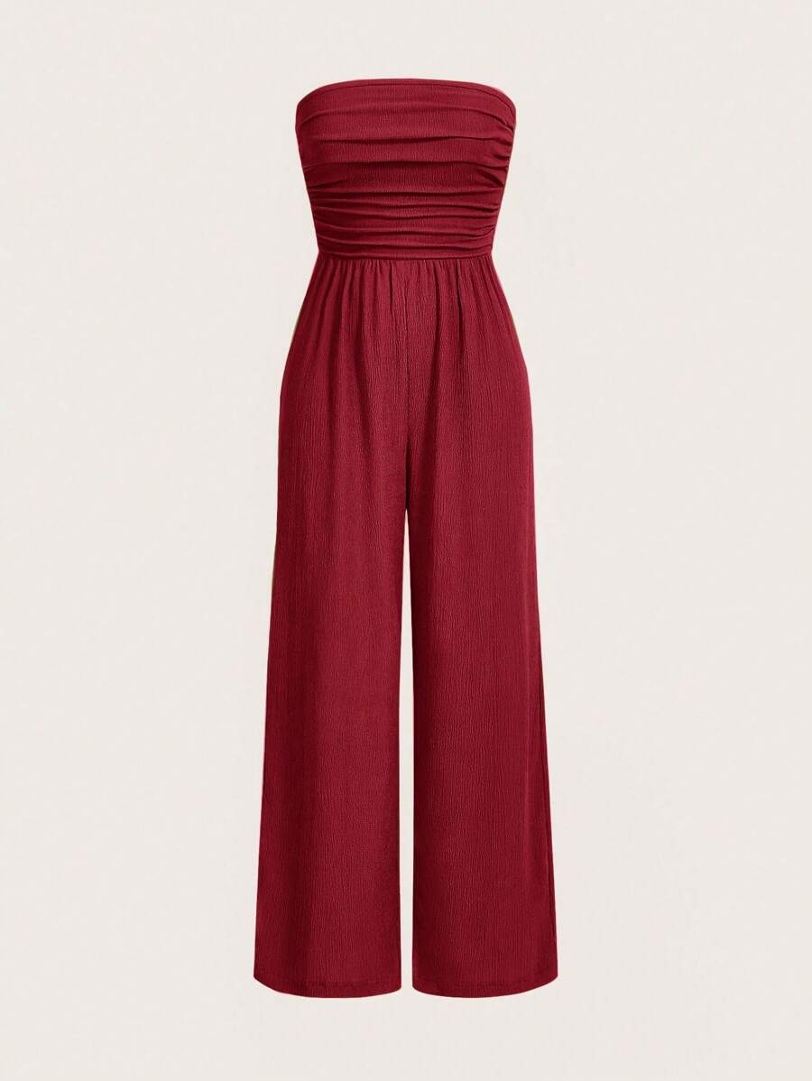 SHEIN EZwear 女士純色褶皺無肩單品連身褲,無袖,夏季 - 酒紅色 - 查看 1
