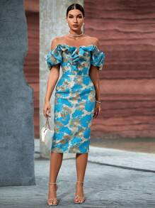 Women Blue Jacquard Off Shoulder Dress Party Dress Wedding Guest Cocktail Dress - Blue - View 4