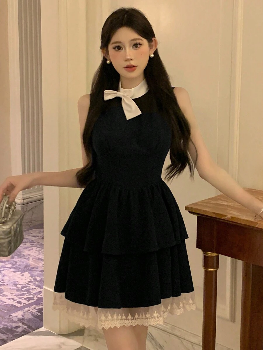 DAZY 女士网纱撞色返校礼服，带蝴蝶结装饰，新年夏日连衣裙，正式女士礼服，舞会礼服，优雅女士连衣裙