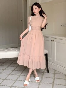 DAZY Women's Peach Pink Solid Color Dress With Keyhole Neckline,Ruffles And Pleats,Elegant Summmer Sundress For Tea Party,Prom,Birthday,New Year Eve Events - Apricot - View 6
