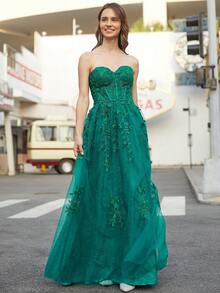 Đầm Maxi Dạ Hội Bandeau Lưới Vá Màu Trơn - màu xanh lá - Xem 5