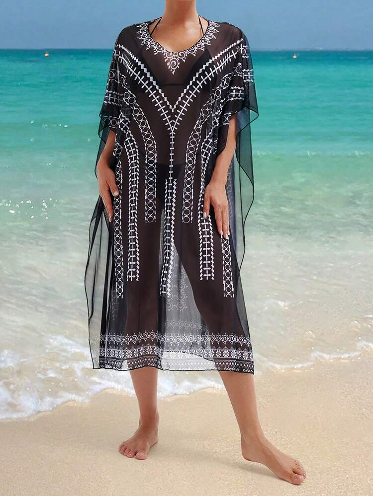 Summer Women's Round Neck Batwing Sleeve Printed Beach Cover-Up + Locational Print