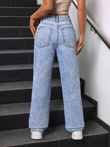 SHEIN PETITE 女士直筒休閒牛仔褲，帶口袋，適合日常穿著和旅行 - 藍色 - 查看 2